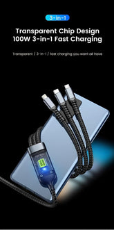 100W Fast Charging Cable Black Nylon 3-in-1