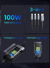 100W Fast Charging Cable Black Nylon 3-in-1
