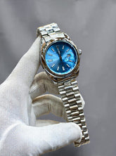 Rolex Oyster Perpetual Style Watch – White Dial with Stainless Steel Chain & Date Display (Replica)