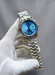 Rolex Oyster Perpetual Style Watch – White Dial with Stainless Steel Chain & Date Display (Replica)