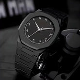 Black Minimalist Analog Aura Watch – Stainless Steel Strap with Butterfly Clasp