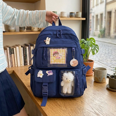 Cute Multi-Pocket Canvas Backpack – Aesthetic White & Purple Student School Bag for Girls