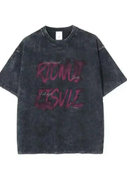 Men Loose Washed Cotton T-Shirt Black Graphic Summer