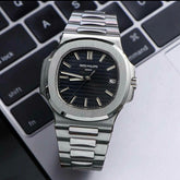 Patek Philippe Genève Style Men's Analog Watch – Black Dial | Stainless Steel (Without Box)