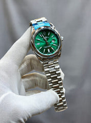 Rolex Oyster Perpetual Style Watch – White Dial with Stainless Steel Chain & Date Display (Replica)