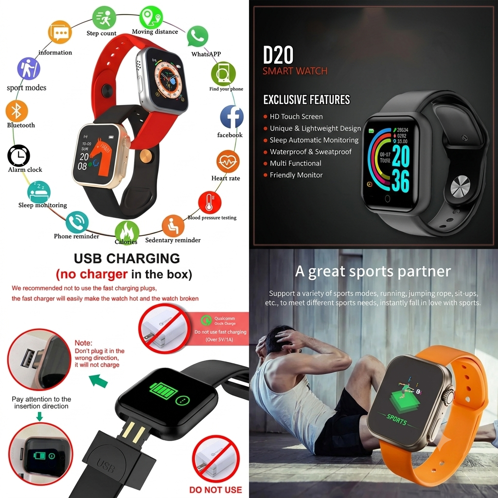 D20 Ultra Smart Watch – Bluetooth Fitness Tracker with Health & Heart Rate Monitor