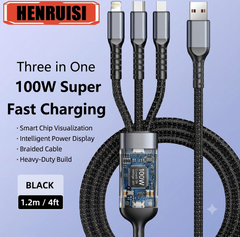 100W Fast Charging Cable Black Nylon 3-in-1
