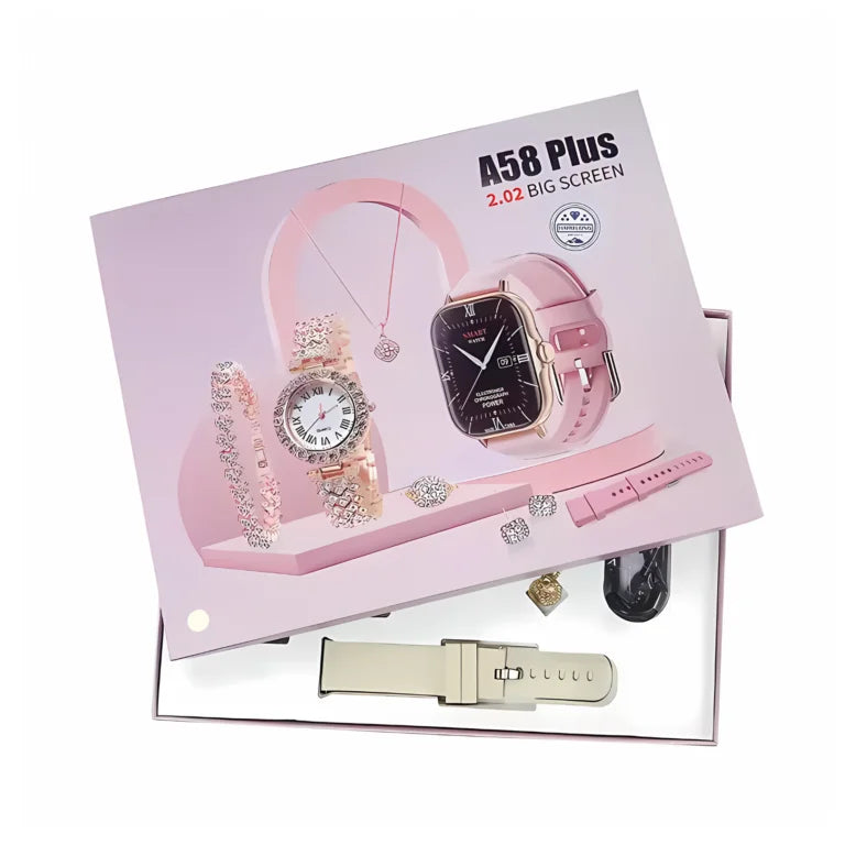 A58 Plus 6-in-1 Women's Smartwatch Set – Fitness Tracker, Smart Notifications & Rose Gold Gift Edition