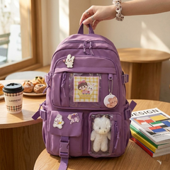 Cute Multi-Pocket Canvas Backpack – Aesthetic White & Purple Student School Bag for Girls